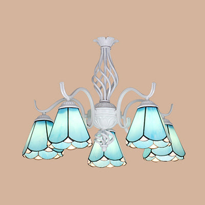 5 Lights Tiffany Pendant Light with Conical Shade Stained Glass Living Room Chandelier in White/Blue Blue Clearhalo 'Ceiling Lights' 'Chandeliers' 'Close To Ceiling Lights' 'Industrial' 'Middle Century Chandeliers' 'Tiffany Chandeliers' 'Tiffany close to ceiling' 'Tiffany' Lighting' 35637