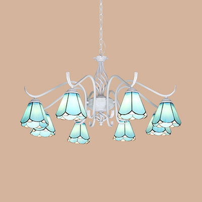 Multi Light Cone Chandelier with Metal Chain Glass Tiffany Indoor Pendant Light in Blue/White for Living Room Clearhalo 'Ceiling Lights' 'Chandeliers' 'Industrial' 'Middle Century Chandeliers' 'Tiffany Chandeliers' 'Tiffany close to ceiling' 'Tiffany' Lighting' 35656