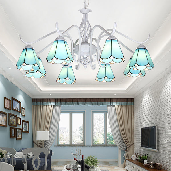 Multi Light Cone Chandelier with Metal Chain Glass Tiffany Indoor Pendant Light in Blue/White for Living Room Blue Clearhalo 'Ceiling Lights' 'Chandeliers' 'Industrial' 'Middle Century Chandeliers' 'Tiffany Chandeliers' 'Tiffany close to ceiling' 'Tiffany' Lighting' 35657