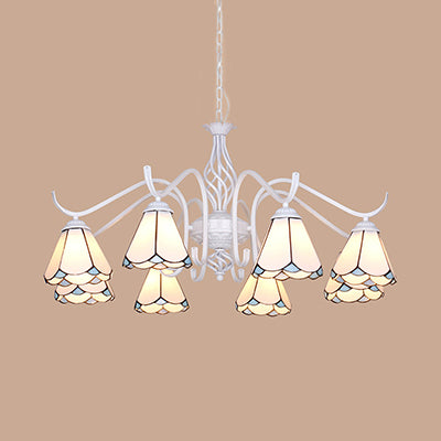 Multi Light Cone Chandelier with Metal Chain Glass Tiffany Indoor Pendant Light in Blue/White for Living Room Clearhalo 'Ceiling Lights' 'Chandeliers' 'Industrial' 'Middle Century Chandeliers' 'Tiffany Chandeliers' 'Tiffany close to ceiling' 'Tiffany' Lighting' 35658