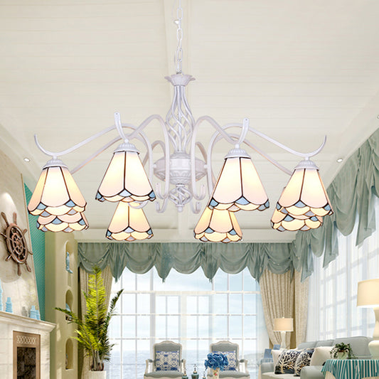 Multi Light Cone Chandelier with Metal Chain Glass Tiffany Indoor Pendant Light in Blue/White for Living Room White Clearhalo 'Ceiling Lights' 'Chandeliers' 'Industrial' 'Middle Century Chandeliers' 'Tiffany Chandeliers' 'Tiffany close to ceiling' 'Tiffany' Lighting' 35659