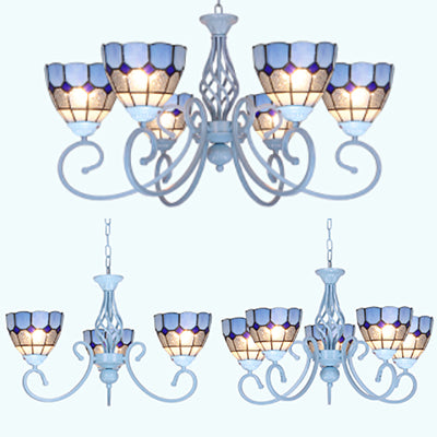 3/5/6 Lights Mediterranean Bowl Hanging Chandelier Stained Glass Pendant Light in Light Blue for Kitchen Clearhalo 'Ceiling Lights' 'Chandeliers' 'Industrial' 'Middle Century Chandeliers' 'Tiffany Chandeliers' 'Tiffany close to ceiling' 'Tiffany' Lighting' 35685