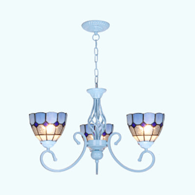 3/5/6 Lights Mediterranean Bowl Hanging Chandelier Stained Glass Pendant Light in Light Blue for Kitchen 3 Light Blue Clearhalo 'Ceiling Lights' 'Chandeliers' 'Industrial' 'Middle Century Chandeliers' 'Tiffany Chandeliers' 'Tiffany close to ceiling' 'Tiffany' Lighting' 35686