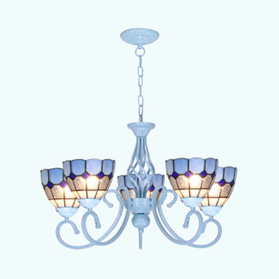3/5/6 Lights Mediterranean Bowl Hanging Chandelier Stained Glass Pendant Light in Light Blue for Kitchen 5 Light Blue Clearhalo 'Ceiling Lights' 'Chandeliers' 'Industrial' 'Middle Century Chandeliers' 'Tiffany Chandeliers' 'Tiffany close to ceiling' 'Tiffany' Lighting' 35687
