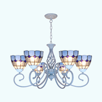 3/5/6 Lights Mediterranean Bowl Hanging Chandelier Stained Glass Pendant Light in Light Blue for Kitchen 6 Light Blue Clearhalo 'Ceiling Lights' 'Chandeliers' 'Industrial' 'Middle Century Chandeliers' 'Tiffany Chandeliers' 'Tiffany close to ceiling' 'Tiffany' Lighting' 35688