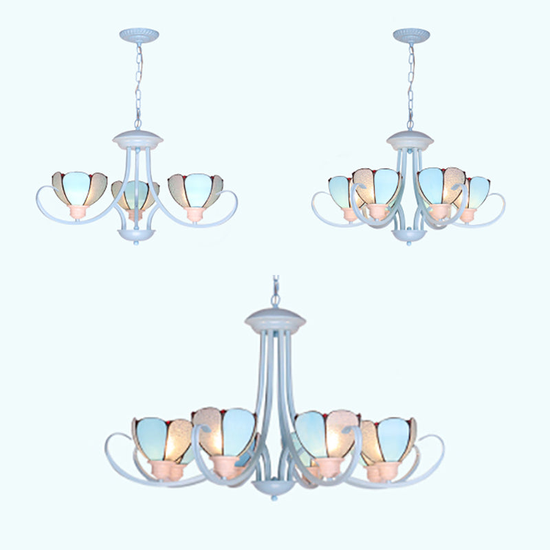 3/6/8 Lights Modern Petal Chandelier with Hanging Chain Stained Glass Hanging Ceiling Light in Blue for Hall Clearhalo 'Ceiling Lights' 'Chandeliers' 'Industrial' 'Middle Century Chandeliers' 'Tiffany Chandeliers' 'Tiffany close to ceiling' 'Tiffany' Lighting' 35698