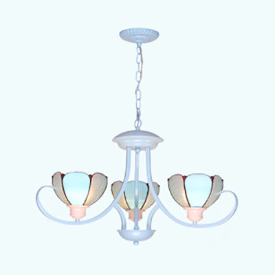 3/6/8 Lights Modern Petal Chandelier with Hanging Chain Stained Glass Hanging Ceiling Light in Blue for Hall 3 Blue Clearhalo 'Ceiling Lights' 'Chandeliers' 'Industrial' 'Middle Century Chandeliers' 'Tiffany Chandeliers' 'Tiffany close to ceiling' 'Tiffany' Lighting' 35699