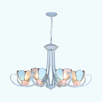 3/6/8 Lights Modern Petal Chandelier with Hanging Chain Stained Glass Hanging Ceiling Light in Blue for Hall Clearhalo 'Ceiling Lights' 'Chandeliers' 'Industrial' 'Middle Century Chandeliers' 'Tiffany Chandeliers' 'Tiffany close to ceiling' 'Tiffany' Lighting' 35702
