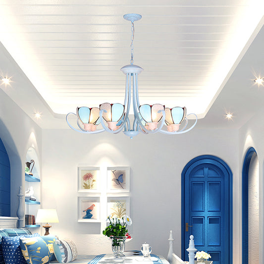 3/6/8 Lights Modern Petal Chandelier with Hanging Chain Stained Glass Hanging Ceiling Light in Blue for Hall 8 Blue Clearhalo 'Ceiling Lights' 'Chandeliers' 'Industrial' 'Middle Century Chandeliers' 'Tiffany Chandeliers' 'Tiffany close to ceiling' 'Tiffany' Lighting' 35703