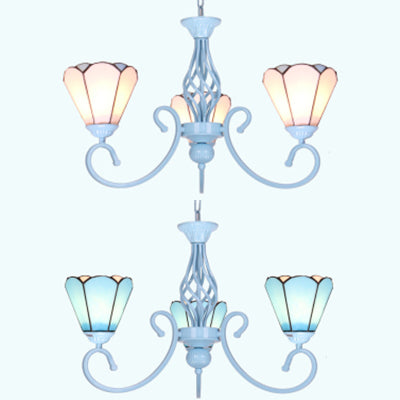 Conical Hanging Chandelier with Metal Chain Tiffany 3 Lights Stained Glass Drop Ceiling Light in Blue/White Clearhalo 'Ceiling Lights' 'Chandeliers' 'Industrial' 'Middle Century Chandeliers' 'Tiffany Chandeliers' 'Tiffany close to ceiling' 'Tiffany' Lighting' 35710