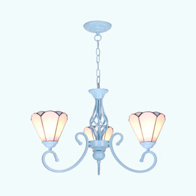 Conical Hanging Chandelier with Metal Chain Tiffany 3 Lights Stained Glass Drop Ceiling Light in Blue/White White Clearhalo 'Ceiling Lights' 'Chandeliers' 'Industrial' 'Middle Century Chandeliers' 'Tiffany Chandeliers' 'Tiffany close to ceiling' 'Tiffany' Lighting' 35712