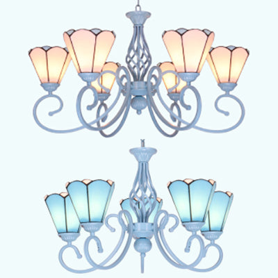 Tiffany Conical Chandelier with Metal Chain and Curved Arm 5/6 Lights Stained Glass Pendant Light in White Clearhalo 'Ceiling Lights' 'Chandeliers' 'Industrial' 'Middle Century Chandeliers' 'Tiffany Chandeliers' 'Tiffany close to ceiling' 'Tiffany' Lighting' 35714