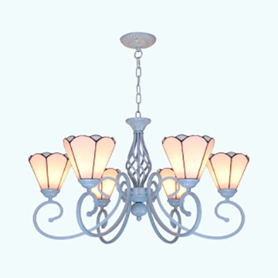 Tiffany Conical Chandelier with Metal Chain and Curved Arm 5/6 Lights Stained Glass Pendant Light in White 6 White Clearhalo 'Ceiling Lights' 'Chandeliers' 'Industrial' 'Middle Century Chandeliers' 'Tiffany Chandeliers' 'Tiffany close to ceiling' 'Tiffany' Lighting' 35715