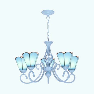 Tiffany Conical Chandelier with Metal Chain and Curved Arm 5/6 Lights Stained Glass Pendant Light in White 5 White Clearhalo 'Ceiling Lights' 'Chandeliers' 'Industrial' 'Middle Century Chandeliers' 'Tiffany Chandeliers' 'Tiffany close to ceiling' 'Tiffany' Lighting' 35717