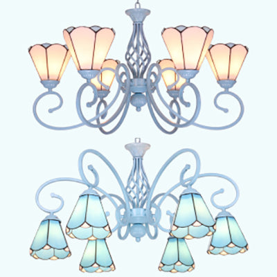 6 Lights Conical Ceiling Chandelier with Adjustable Chain Traditional Glass Pendant Lamp in Blue/White Clearhalo 'Ceiling Lights' 'Chandeliers' 'Industrial' 'Middle Century Chandeliers' 'Tiffany Chandeliers' 'Tiffany close to ceiling' 'Tiffany' Lighting' 35724
