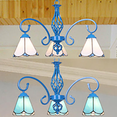 Blue Curved Arm Chandelier Lighting with Stained Glass Cone Shade 3 Lights Tiffany Foyer Lighting in White/Blue Clearhalo 'Ceiling Lights' 'Chandeliers' 'Industrial' 'Middle Century Chandeliers' 'Tiffany Chandeliers' 'Tiffany close to ceiling' 'Tiffany' Lighting' 35729