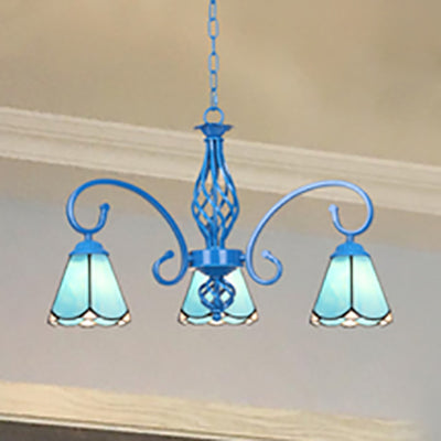 Blue Curved Arm Chandelier Lighting with Stained Glass Cone Shade 3 Lights Tiffany Foyer Lighting in White/Blue Blue Clearhalo 'Ceiling Lights' 'Chandeliers' 'Industrial' 'Middle Century Chandeliers' 'Tiffany Chandeliers' 'Tiffany close to ceiling' 'Tiffany' Lighting' 35730