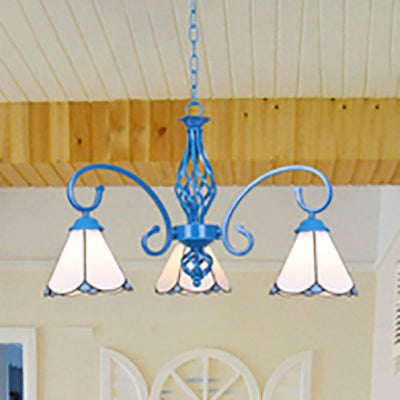 Blue Curved Arm Chandelier Lighting with Stained Glass Cone Shade 3 Lights Tiffany Foyer Lighting in White/Blue White Clearhalo 'Ceiling Lights' 'Chandeliers' 'Industrial' 'Middle Century Chandeliers' 'Tiffany Chandeliers' 'Tiffany close to ceiling' 'Tiffany' Lighting' 35731