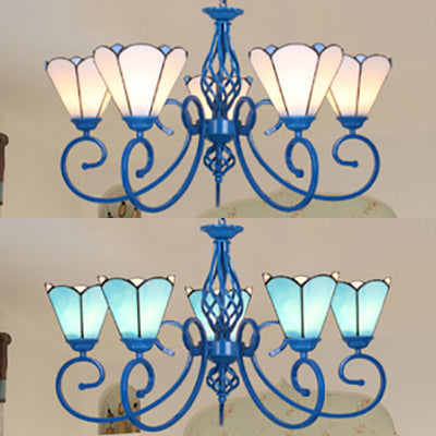 Tiffany Cone Ceiling Pendant with Curved Arm and Metal Chain Stained Glass Chandelier in Blue/White Clearhalo 'Ceiling Lights' 'Chandeliers' 'Industrial' 'Middle Century Chandeliers' 'Tiffany Chandeliers' 'Tiffany close to ceiling' 'Tiffany' Lighting' 35739