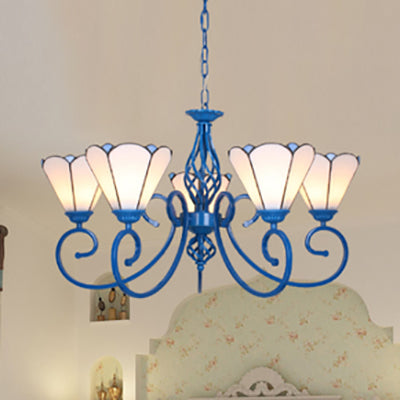 Tiffany Cone Ceiling Pendant with Curved Arm and Metal Chain Stained Glass Chandelier in Blue/White White Clearhalo 'Ceiling Lights' 'Chandeliers' 'Industrial' 'Middle Century Chandeliers' 'Tiffany Chandeliers' 'Tiffany close to ceiling' 'Tiffany' Lighting' 35740
