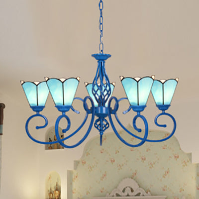 Tiffany Cone Ceiling Pendant with Curved Arm and Metal Chain Stained Glass Chandelier in Blue/White Blue Clearhalo 'Ceiling Lights' 'Chandeliers' 'Industrial' 'Middle Century Chandeliers' 'Tiffany Chandeliers' 'Tiffany close to ceiling' 'Tiffany' Lighting' 35741