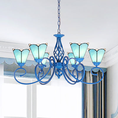 Stained Glass Cone Hanging Ceiling Light with Blue Curved Arm Tiffany 6 Lights Hanging Chandelier in White/Blue Blue Clearhalo 'Ceiling Lights' 'Chandeliers' 'Industrial' 'Middle Century Chandeliers' 'Tiffany Chandeliers' 'Tiffany close to ceiling' 'Tiffany' Lighting' 35752