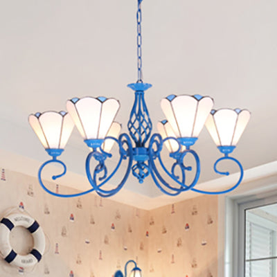 Stained Glass Cone Hanging Ceiling Light with Blue Curved Arm Tiffany 6 Lights Hanging Chandelier in White/Blue White Clearhalo 'Ceiling Lights' 'Chandeliers' 'Industrial' 'Middle Century Chandeliers' 'Tiffany Chandeliers' 'Tiffany close to ceiling' 'Tiffany' Lighting' 35753