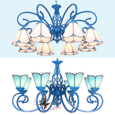 8 Lights Petal Chandelier Light with Curved Arm and Adjustable Chain Tiffany Glass Pendant Light in Blue/White Clearhalo 'Ceiling Lights' 'Chandeliers' 'Industrial' 'Middle Century Chandeliers' 'Tiffany Chandeliers' 'Tiffany close to ceiling' 'Tiffany' Lighting' 35755