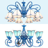 8 Lights Petal Chandelier Light with Curved Arm and Adjustable Chain Tiffany Glass Pendant Light in Blue/White Clearhalo 'Ceiling Lights' 'Chandeliers' 'Industrial' 'Middle Century Chandeliers' 'Tiffany Chandeliers' 'Tiffany close to ceiling' 'Tiffany' Lighting' 35755