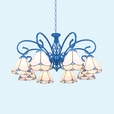 8 Lights Petal Chandelier Light with Curved Arm and Adjustable Chain Tiffany Glass Pendant Light in Blue/White Clearhalo 'Ceiling Lights' 'Chandeliers' 'Industrial' 'Middle Century Chandeliers' 'Tiffany Chandeliers' 'Tiffany close to ceiling' 'Tiffany' Lighting' 35756
