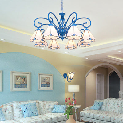 8 Lights Petal Chandelier Light with Curved Arm and Adjustable Chain Tiffany Glass Pendant Light in Blue/White White Clearhalo 'Ceiling Lights' 'Chandeliers' 'Industrial' 'Middle Century Chandeliers' 'Tiffany Chandeliers' 'Tiffany close to ceiling' 'Tiffany' Lighting' 35757