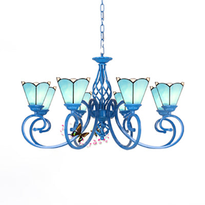 8 Lights Petal Chandelier Light with Curved Arm and Adjustable Chain Tiffany Glass Pendant Light in Blue/White Clearhalo 'Ceiling Lights' 'Chandeliers' 'Industrial' 'Middle Century Chandeliers' 'Tiffany Chandeliers' 'Tiffany close to ceiling' 'Tiffany' Lighting' 35758