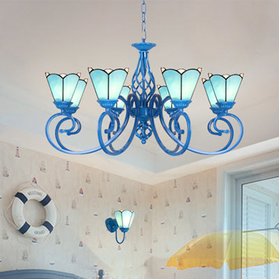 8 Lights Petal Chandelier Light with Curved Arm and Adjustable Chain Tiffany Glass Pendant Light in Blue/White Blue Clearhalo 'Ceiling Lights' 'Chandeliers' 'Industrial' 'Middle Century Chandeliers' 'Tiffany Chandeliers' 'Tiffany close to ceiling' 'Tiffany' Lighting' 35759