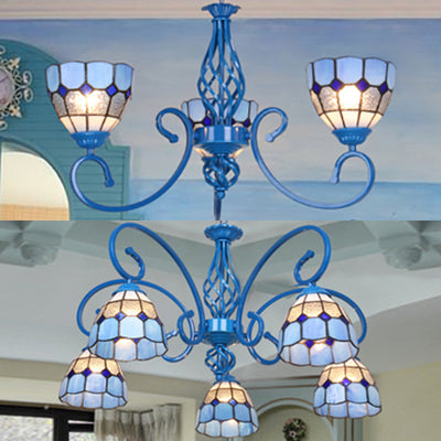 Bowl Pendant Lighting Blue Glass 3/5 Lights Mediterranean Chandelier Lighting for Foyer Clearhalo 'Ceiling Lights' 'Chandeliers' 'Industrial' 'Middle Century Chandeliers' 'Tiffany Chandeliers' 'Tiffany close to ceiling' 'Tiffany' Lighting' 35787