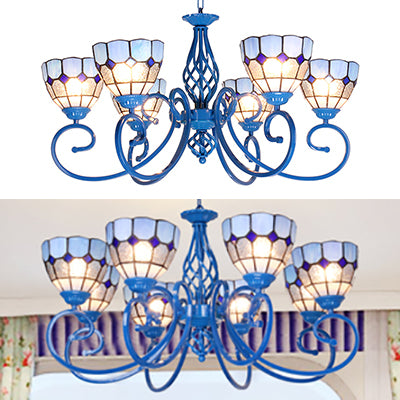 6/8 Lights Bowl Pendant Lamp with Chain Mediterranean Indoor Chandelier Light in Blue for Living Room Clearhalo 'Ceiling Lights' 'Chandeliers' 'Industrial' 'Middle Century Chandeliers' 'Tiffany Chandeliers' 'Tiffany close to ceiling' 'Tiffany' Lighting' 35791