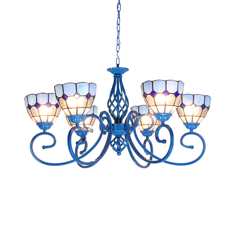6/8 Lights Bowl Pendant Lamp with Chain Mediterranean Indoor Chandelier Light in Blue for Living Room 6 Blue Clearhalo 'Ceiling Lights' 'Chandeliers' 'Industrial' 'Middle Century Chandeliers' 'Tiffany Chandeliers' 'Tiffany close to ceiling' 'Tiffany' Lighting' 35792