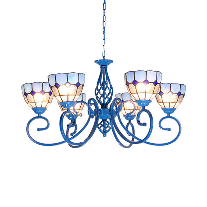 6/8 Lights Bowl Pendant Lamp with Chain Mediterranean Indoor Chandelier Light in Blue for Living Room 6 Blue Clearhalo 'Ceiling Lights' 'Chandeliers' 'Industrial' 'Middle Century Chandeliers' 'Tiffany Chandeliers' 'Tiffany close to ceiling' 'Tiffany' Lighting' 35792