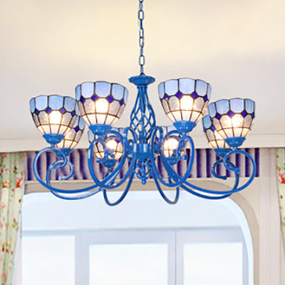 6/8 Lights Bowl Pendant Lamp with Chain Mediterranean Indoor Chandelier Light in Blue for Living Room Clearhalo 'Ceiling Lights' 'Chandeliers' 'Industrial' 'Middle Century Chandeliers' 'Tiffany Chandeliers' 'Tiffany close to ceiling' 'Tiffany' Lighting' 35793