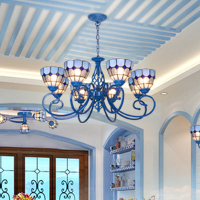 6/8 Lights Bowl Pendant Lamp with Chain Mediterranean Indoor Chandelier Light in Blue for Living Room 8 Blue Clearhalo 'Ceiling Lights' 'Chandeliers' 'Industrial' 'Middle Century Chandeliers' 'Tiffany Chandeliers' 'Tiffany close to ceiling' 'Tiffany' Lighting' 35794
