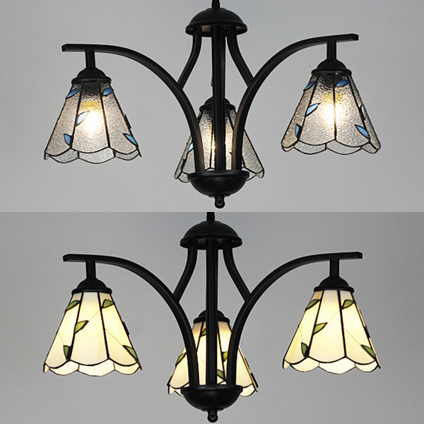 Blue/Green Leaf Design Hanging Light with 16" Metal Chain Rustic 3 Lights Chandelier Lighting in Black Finish Clearhalo 'Ceiling Lights' 'Chandeliers' 'Industrial' 'Middle Century Chandeliers' 'Tiffany Chandeliers' 'Tiffany close to ceiling' 'Tiffany' Lighting' 35861