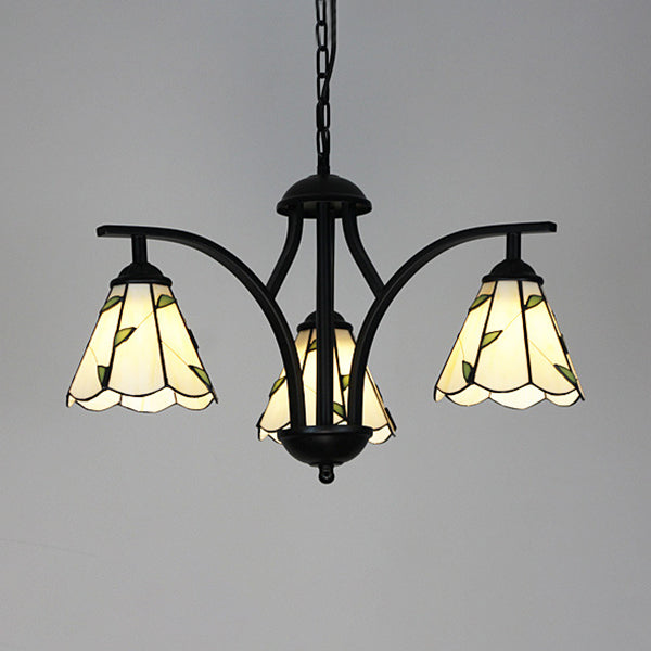 Blue/Green Leaf Design Hanging Light with 16" Metal Chain Rustic 3 Lights Chandelier Lighting in Black Finish Green Clearhalo 'Ceiling Lights' 'Chandeliers' 'Industrial' 'Middle Century Chandeliers' 'Tiffany Chandeliers' 'Tiffany close to ceiling' 'Tiffany' Lighting' 35863