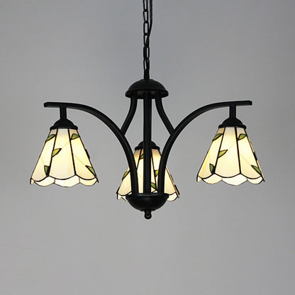 Blue/Green Leaf Design Hanging Light with 16" Metal Chain Rustic 3 Lights Chandelier Lighting in Black Finish Green Clearhalo 'Ceiling Lights' 'Chandeliers' 'Industrial' 'Middle Century Chandeliers' 'Tiffany Chandeliers' 'Tiffany close to ceiling' 'Tiffany' Lighting' 35863