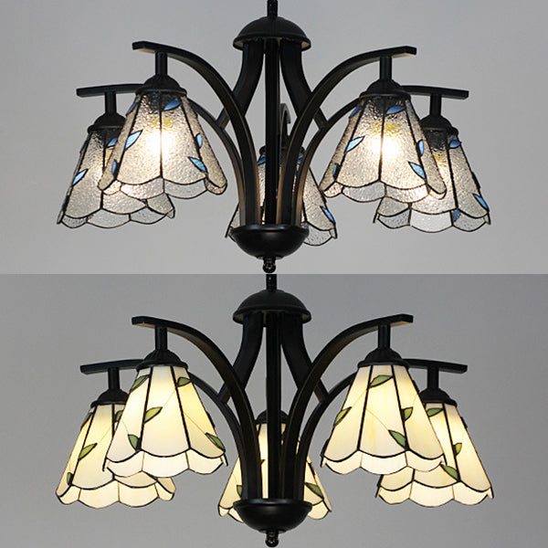 5 Lights Leaf Chandelier Lighting with 16" Metal Chain Adjustable Stained Glass Pendant Light in Blue/Green Clearhalo 'Ceiling Lights' 'Chandeliers' 'Industrial' 'Middle Century Chandeliers' 'Tiffany Chandeliers' 'Tiffany close to ceiling' 'Tiffany' Lighting' 35882