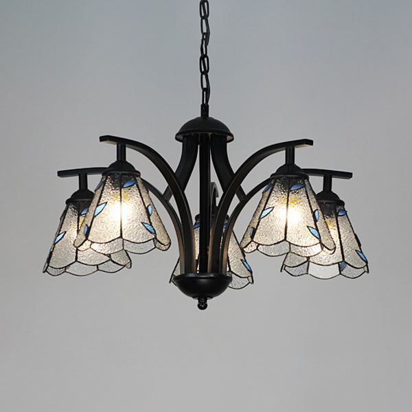 5 Lights Leaf Chandelier Lighting with 16" Metal Chain Adjustable Stained Glass Pendant Light in Blue/Green Blue Clearhalo 'Ceiling Lights' 'Chandeliers' 'Industrial' 'Middle Century Chandeliers' 'Tiffany Chandeliers' 'Tiffany close to ceiling' 'Tiffany' Lighting' 35883