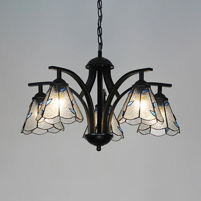 5 Lights Leaf Chandelier Lighting with 16" Metal Chain Adjustable Stained Glass Pendant Light in Blue/Green Blue Clearhalo 'Ceiling Lights' 'Chandeliers' 'Industrial' 'Middle Century Chandeliers' 'Tiffany Chandeliers' 'Tiffany close to ceiling' 'Tiffany' Lighting' 35883
