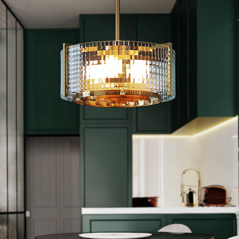 Brass Drum Chandelier Lamp Modern 3 Bulbs Clear Lattice Glass Hanging Light for Kitchen Brass Clearhalo 'Ceiling Lights' 'Chandeliers' 'Close To Ceiling Lights' 'Glass shade' 'Glass' 'Modern Chandeliers' 'Modern' Lighting' 359196