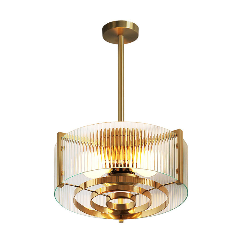 Brass Drum Chandelier Lamp Modern 3 Bulbs Clear Lattice Glass Hanging Light for Kitchen Clearhalo 'Ceiling Lights' 'Chandeliers' 'Close To Ceiling Lights' 'Glass shade' 'Glass' 'Modern Chandeliers' 'Modern' Lighting' 359199