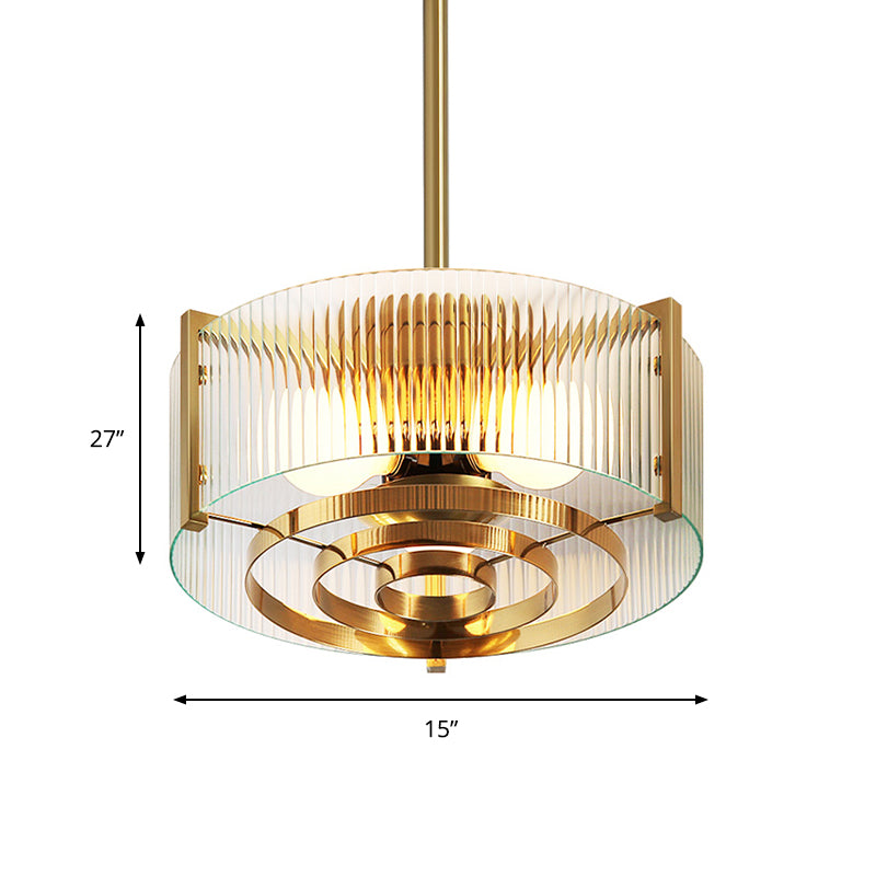 Brass Drum Chandelier Lamp Modern 3 Bulbs Clear Lattice Glass Hanging Light for Kitchen Clearhalo 'Ceiling Lights' 'Chandeliers' 'Close To Ceiling Lights' 'Glass shade' 'Glass' 'Modern Chandeliers' 'Modern' Lighting' 359200