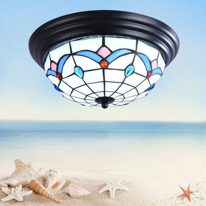 11"/15" Wide Tiffany Bowl Flush Mount Fixture 3 Lights Cut Glass Flush Ceiling Light in White for Corridor White Clearhalo 'Ceiling Lights' 'Close To Ceiling Lights' 'Close to ceiling' 'Flush mount' Lighting' 359201