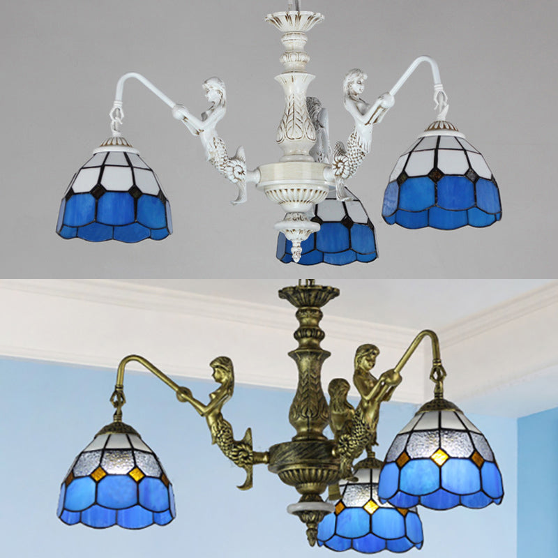 3 Lights Dining Room Ceiling Lamp Tiffany Style White/Antique Brass Chandelier Pendant Light with Dome Stained Glass Shade Clearhalo 'Ceiling Lights' 'Chandeliers' 'Industrial' 'Middle Century Chandeliers' 'Tiffany Chandeliers' 'Tiffany close to ceiling' 'Tiffany' Lighting' 35921